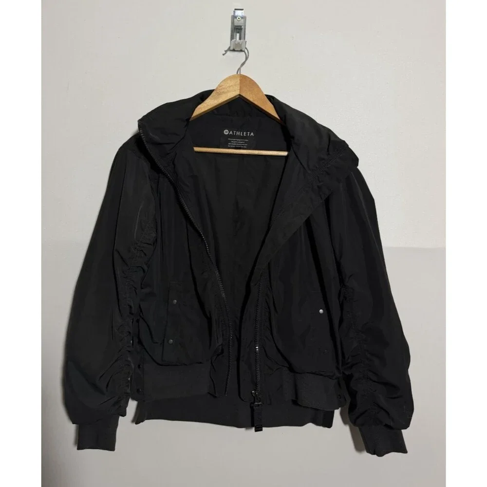 Athleta Jetset Bomber Jacket Womens Small Black Full Zip Hidden Hood